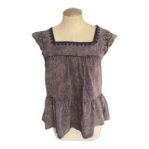 Hem & Thread Boho Peplum Top Size M Gray Washed Look Square Neck Cap Sleeve